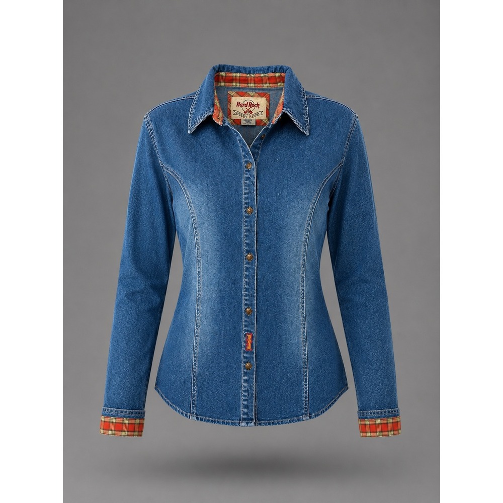 Hard Rock Vintage Denim Shirt Womens XL Blue Plaid Trim Button Up Long Sleeve